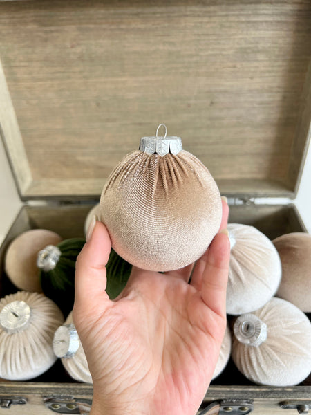 15 pcs Earth Tone Velvet Christmas Ornaments in Neutral Beige, Taupe and Forest Green, Handmade Cozy Holiday Tree Decor, Boho Farmhouse