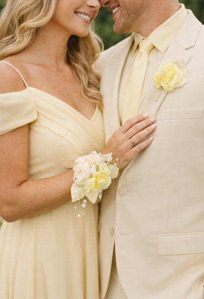 Light Yellow Corsage and Boutonniere Set, Ivory Prom Party Corsage Set