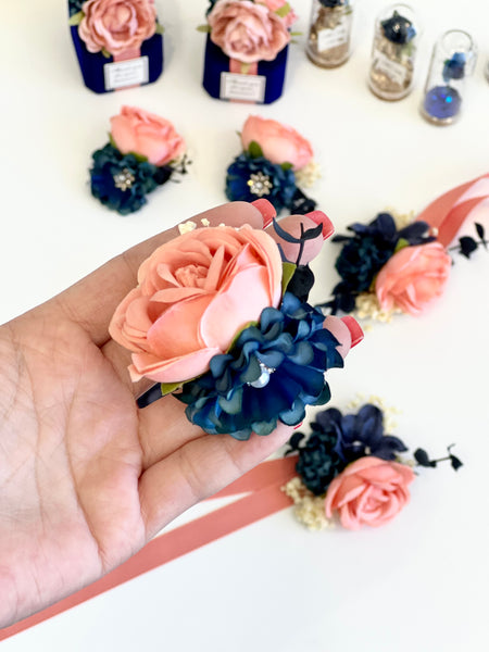 Coral and Navy Blue Wedding Corsage, Bridesmaid Corsage, Promo Corsage Boutonnières Set