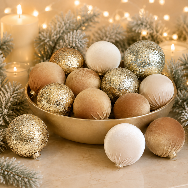 A collection of gold and cream Christmas ornaments in both glittery and matte finishes, arranged in a gold bowl with festive greenery and warm string lights in the background.