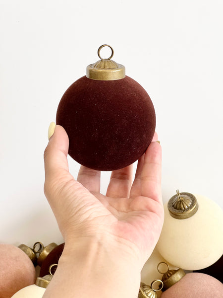 12 pcs Earth Tone Velvet Christmas Ornaments Brown, Creamy and Beige Cozy Holiday Tree Decor, Boho Farmhouse