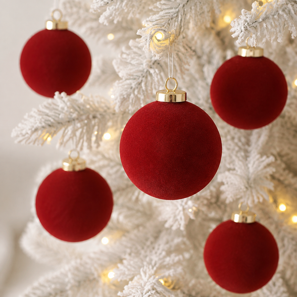 Flocked Christmas Ornaments: Cherry Red, Burgundy Colors- 12 pcs 3,15" Elegance Holiday Decor