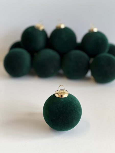 Flocked Christmas Ornaments: Emerald Green- 12 pcs 3,15" Boho Holiday Decor