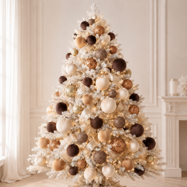 A flocked Christmas tree decorated with matte and glittery brown, beige, and white ornaments, lit with warm white string lights, set in a bright, elegant room with a fireplace.