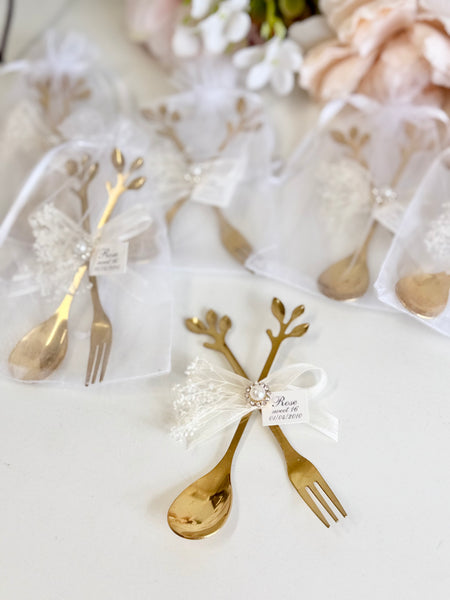 5 pcs Personalized Gold Spoon and Fork Favors, Wedding Guest Gift, Bridal Shower Engagement Party Favor, Bachelorette Keepsake