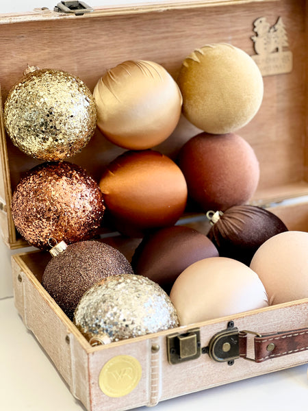 12 pcs Luxury Brown Shades Christmas Ornaments, Mix of Velvet Satin Glitter Textured Balls, Elegant Holiday Tree Decorations, Christmas Gift
