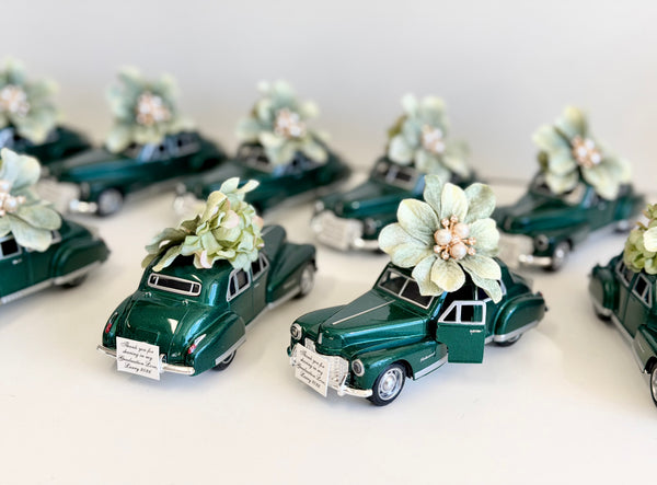Vintage Elegance Car Wedding Favors, Emerald Green Personalized Guest Keepsakes, Luxury Custom Party Gifts