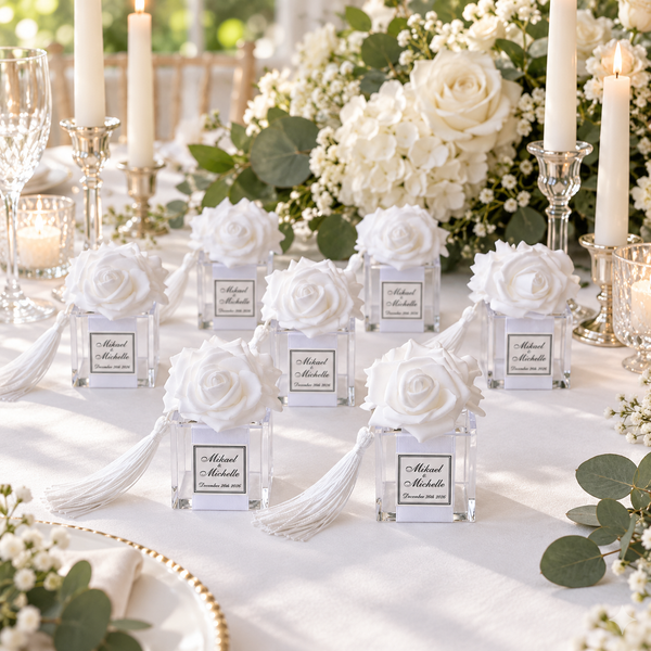 White fabric roses arranged in clear square glass vases with white tassels on a decorated wedding table, surrounded by white flowers, candles, and place cards.