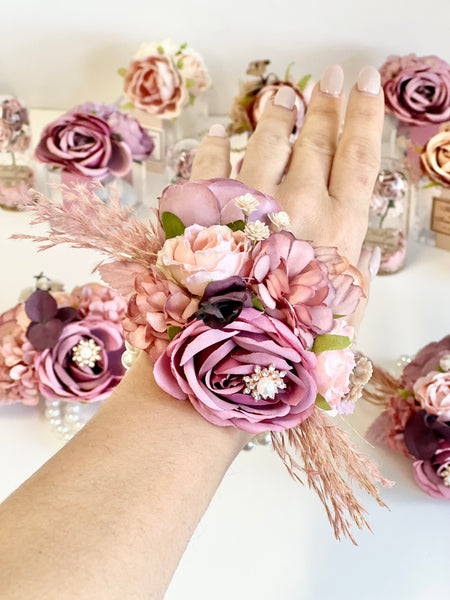 Dusty Rose Wedding Corsages, Prom Corsage and Boutonniere Set, Wrist Corsage, Mauve Wrist Corsage, Bridesmaids Corsage, Bridal Bracelets