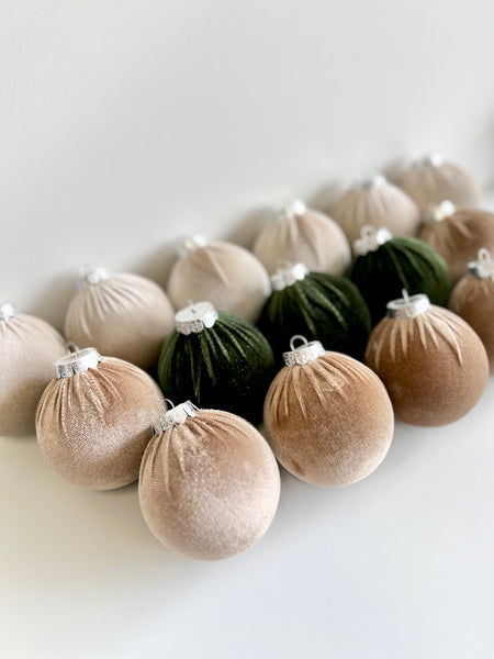 15 pcs Earth Tone Velvet Christmas Ornaments in Neutral Beige, Taupe and Forest Green, Handmade Cozy Holiday Tree Decor, Boho Farmhouse
