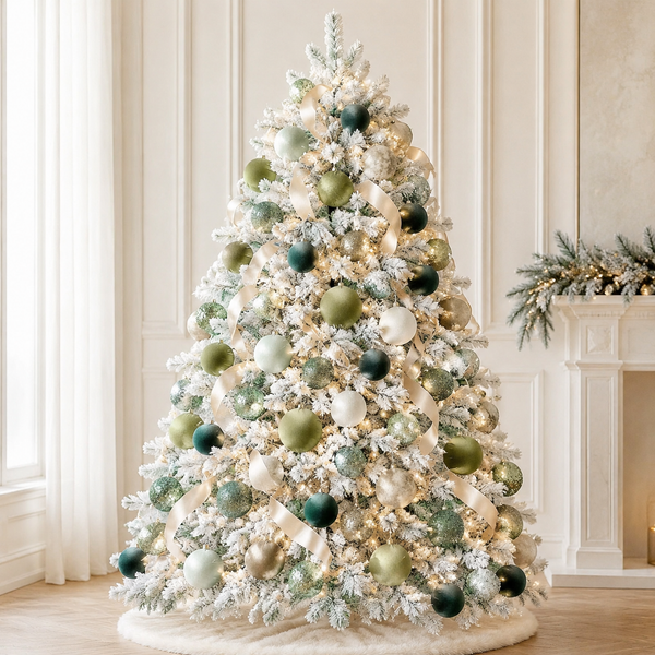 A flocked Christmas tree decorated with green and white ornaments, white ribbons, and warm white string lights, standing in a decorated indoor room with a fireplace and window.