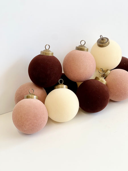 12 pcs Earth Tone Velvet Christmas Ornaments Brown, Creamy and Beige Cozy Holiday Tree Decor, Boho Farmhouse