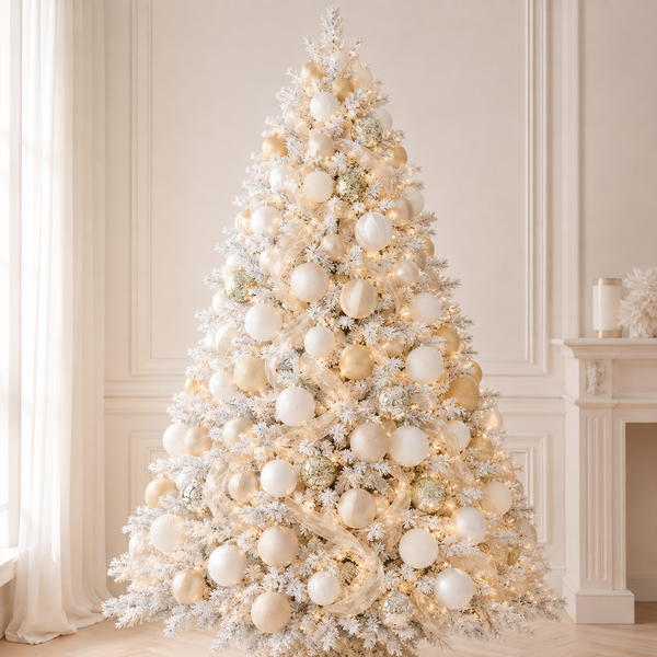 A flocked Christmas tree decorated with white and gold ornaments, ribbons, and warm white string lights, set in a bright, elegant room with a fireplace and curtains.