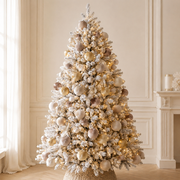 A flocked Christmas tree decorated with beige, cream, and gold ornaments and warm white string lights, standing in a bright, elegant room with cream walls and a fireplace mantel.