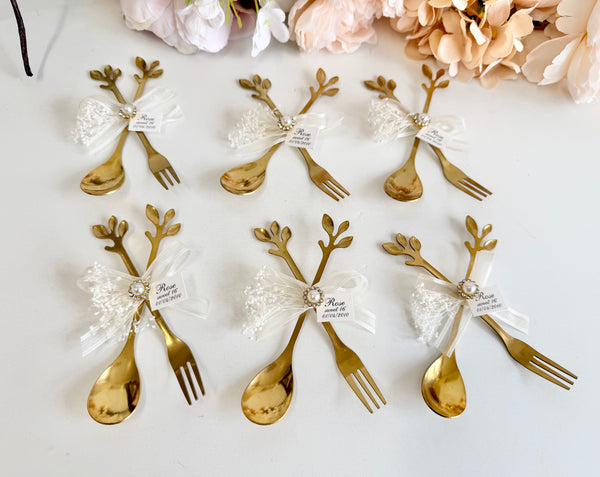 5 pcs Personalized Gold Spoon and Fork Favors, Wedding Guest Gift, Bridal Shower Engagement Party Favor, Bachelorette Keepsake