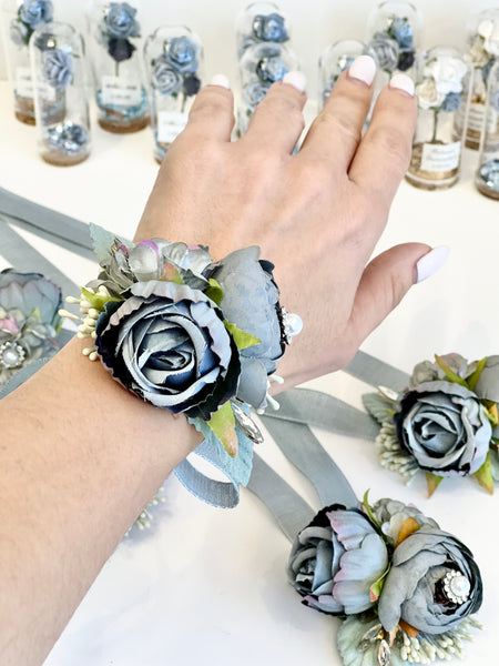 Dusty Blue Wedding Corsages and Boutonnières Set, Wrist Corsage, Prom Corsage, Bridesmaids Corsage, Bridal Bracelets, Mom Corsage