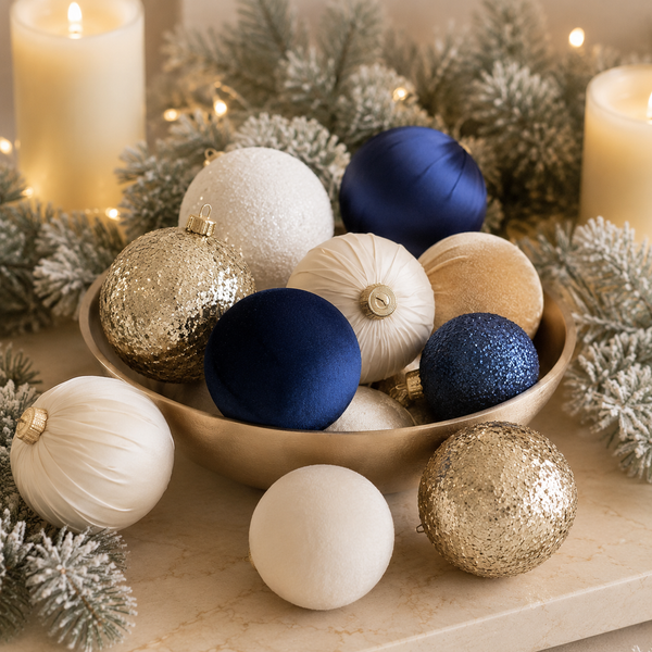 A collection of elegant Christmas ornaments in navy blue, white, and textured gold, displayed in a gold bowl surrounded by holiday greenery and lit candles.