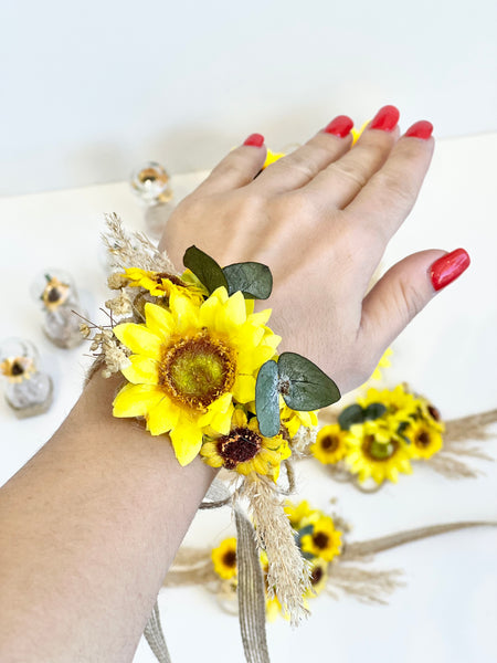 Sunflower Wedding Corsages Boutonnières Set, Prom Wrist Corsage, Rustic Wedding Corsage, Bridesmaids Corsage, Bridal Bracelets