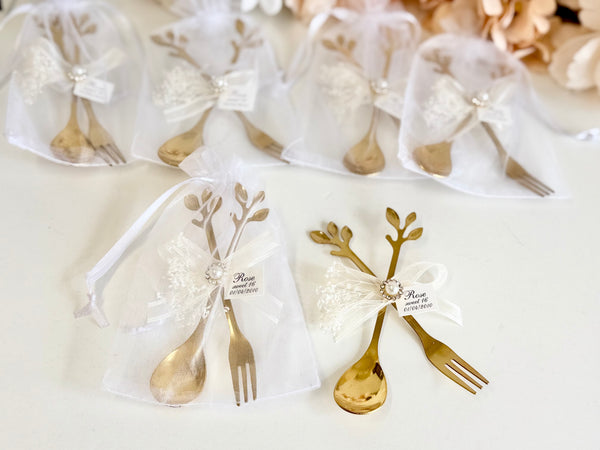 5 pcs Personalized Gold Spoon and Fork Favors, Wedding Guest Gift, Bridal Shower Engagement Party Favor, Bachelorette Keepsake