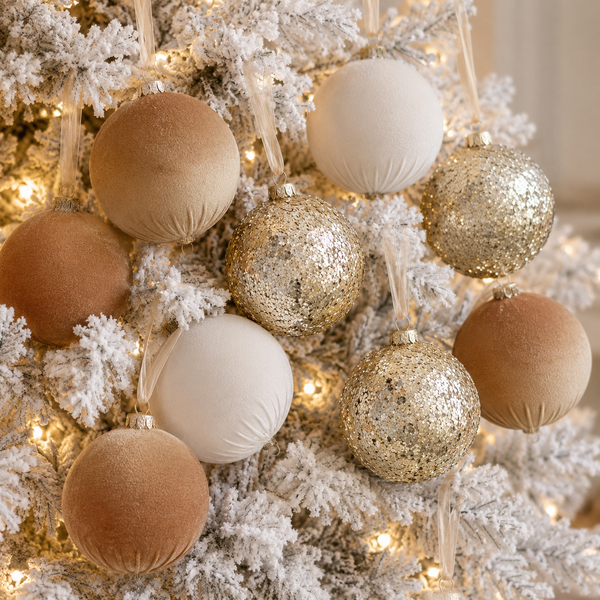 A close-up of frosted Christmas tree branches decorated with velvet and glitter holiday ornaments in champagne, cream, and warm tan tones, lit by soft white string lights.