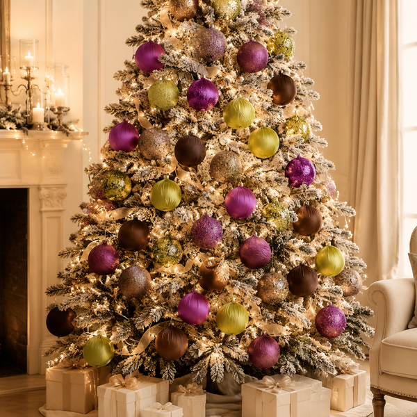 A flocked Christmas tree decorated with shiny purple, olive green, and brown ornaments, lit with warm white string lights, set in a cozy living room with wrapped gifts at the base.