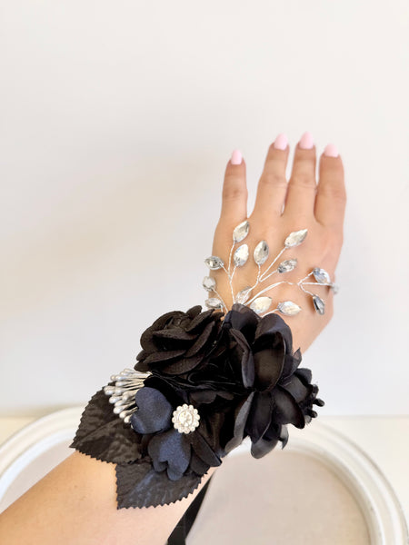 Black Corsage and Boutonniere Set, Wedding Bracelet, Prom Wrist Corsage Set