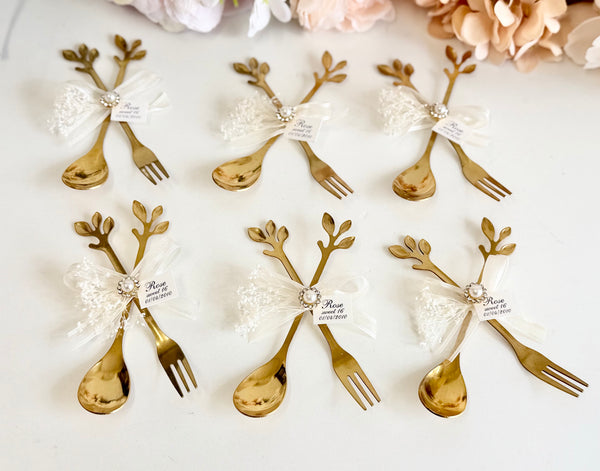 5 pcs Personalized Gold Spoon and Fork Favors, Wedding Guest Gift, Bridal Shower Engagement Party Favor, Bachelorette Keepsake