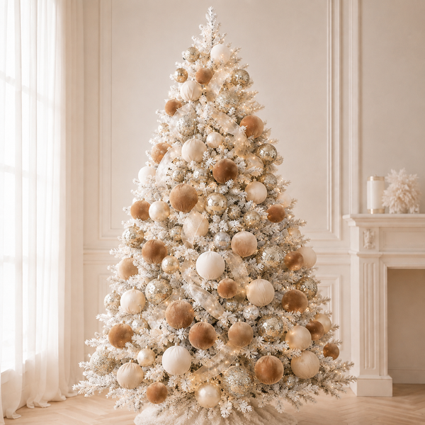 A flocked Christmas tree decorated with matte and metallic gold and cream ornaments, set in a bright, elegant room with a fireplace and sheer curtains.