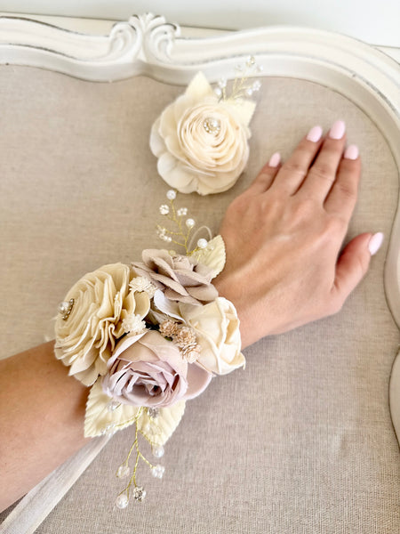 Ivory Beige Sola Wood Flower Corsage and Boutonniere Set, Prom Party Corsage Set