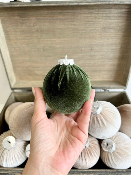 15 pcs Earth Tone Velvet Christmas Ornaments in Neutral Beige, Taupe and Forest Green, Handmade Cozy Holiday Tree Decor, Boho Farmhouse