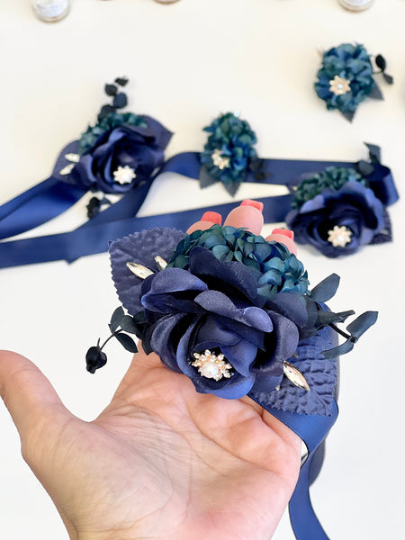 Navy Blue Corsage and Boutonnieres Set, Wedding Corsages, Wrist Corsage, Elegance Wedding Corsage, Bridesmaids Corsage, Bridal Bracelets