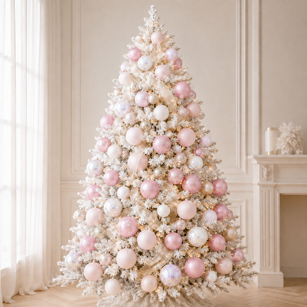 A flocked Christmas tree decorated with pastel pink, white, and light blue ornaments, set in a bright, elegant room with a fireplace and curtains.
