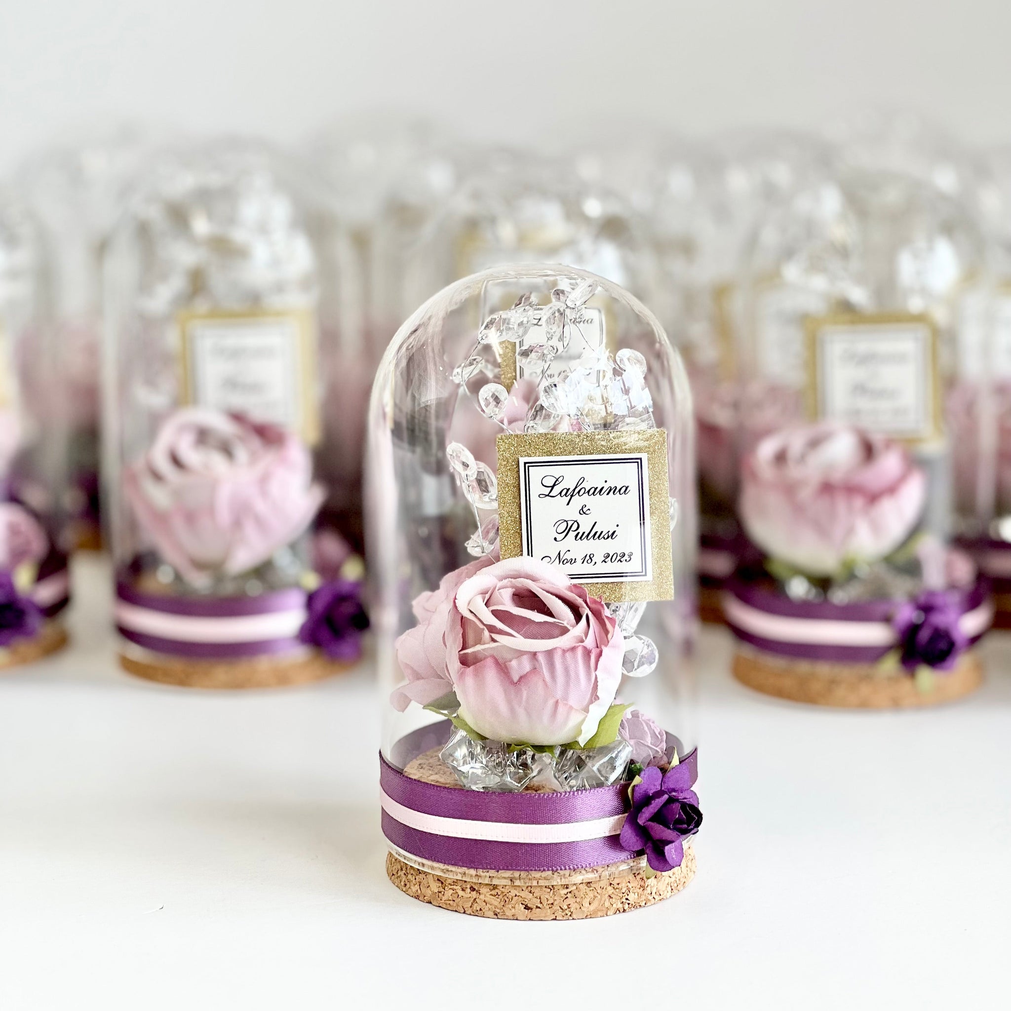 Decorative glass domes with preserved pink roses on a white background
