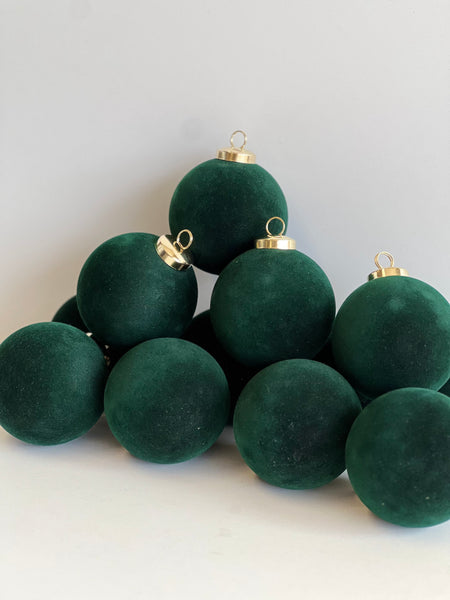 Flocked Christmas Ornaments: Emerald Green- 12 pcs 3,15" Boho Holiday Decor
