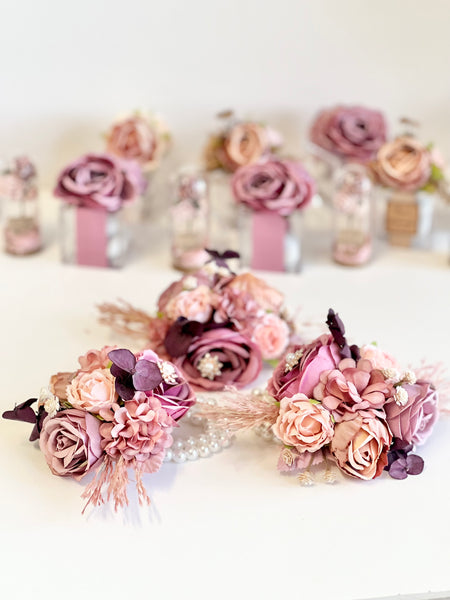 Dusty Rose Wedding Corsages, Prom Corsage and Boutonniere Set, Wrist Corsage, Mauve Wrist Corsage, Bridesmaids Corsage, Bridal Bracelets