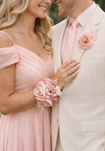 Peach Wedding Corsages, Prom Corsage Boutonniere Set, Wrist Blush Peach Corsage, Bridesmaids Corsage, Bridal Bracelets, Blush Boutonnière