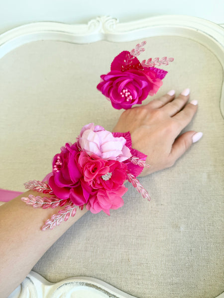 Hot Pink Elegance Corsage and Boutonniere Set, Wedding Prom, Prom Party Corsage Set