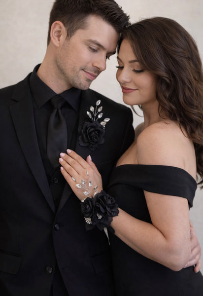 Black Corsage and Boutonniere Set, Wedding Bracelet, Prom Wrist Corsage Set