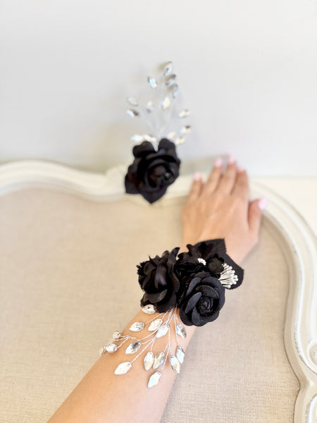 Black Corsage and Boutonniere Set, Wedding Bracelet, Prom Wrist Corsage Set