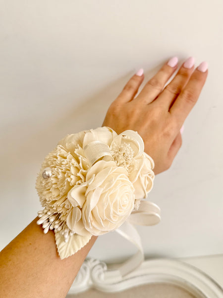 Elegance Ivory Sola Wood Flower Corsage and Boutonniere Set, Prom Party Corsage Set