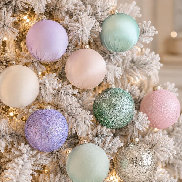 A set of pastel Christmas ornaments in various textures—satin, glitter, and matte—hanging on a white-flocked Christmas tree with warm string lights.