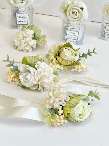 Ivory Wedding Corsages and Boutonniere Set, Prom Wrist Corsage Set, Ivory Corsage, Milky Wrist Corsage, Bridesmaids Corsage, Bridal Bracelets
