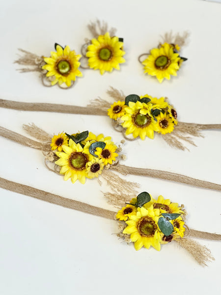 Sunflower Wedding Corsages Boutonnières Set, Prom Wrist Corsage, Rustic Wedding Corsage, Bridesmaids Corsage, Bridal Bracelets