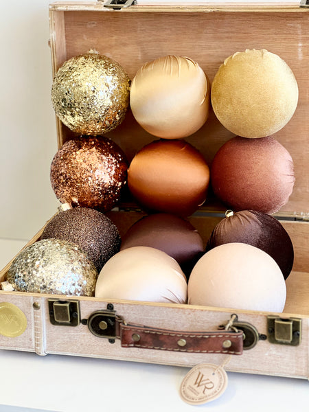 12 pcs Luxury Brown Shades Christmas Ornaments, Mix of Velvet Satin Glitter Textured Balls, Elegant Holiday Tree Decorations, Christmas Gift