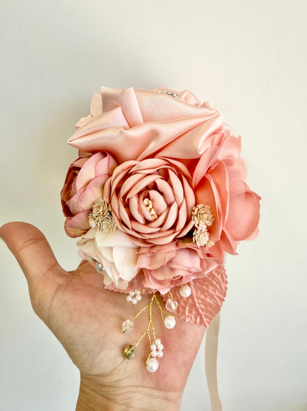 Peach Wedding Corsages, Prom Corsage Boutonniere Set, Wrist Blush Peach Corsage, Bridesmaids Corsage, Bridal Bracelets, Blush Boutonnière