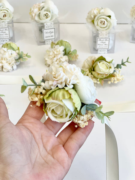 Ivory Wedding Corsages and Boutonniere Set, Prom Wrist Corsage Set, Ivory Corsage, Milky Wrist Corsage, Bridesmaids Corsage, Bridal Bracelets