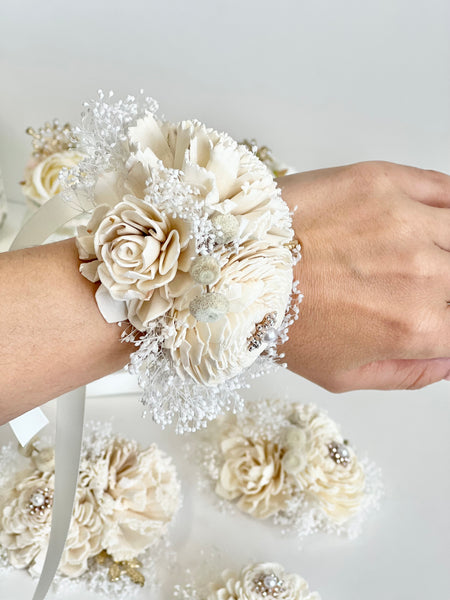 Ivory Sola Wood Flower Corsage and Boutonniere Set, Prom Party Corsage Set