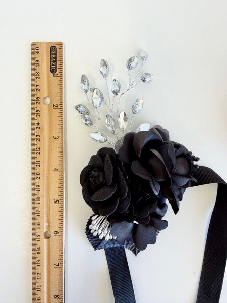 Black Corsage and Boutonniere Set, Wedding Bracelet, Prom Wrist Corsage Set