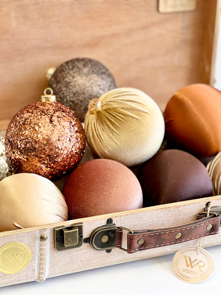 12 pcs Luxury Brown Shades Christmas Ornaments, Mix of Velvet Satin Glitter Textured Balls, Elegant Holiday Tree Decorations, Christmas Gift