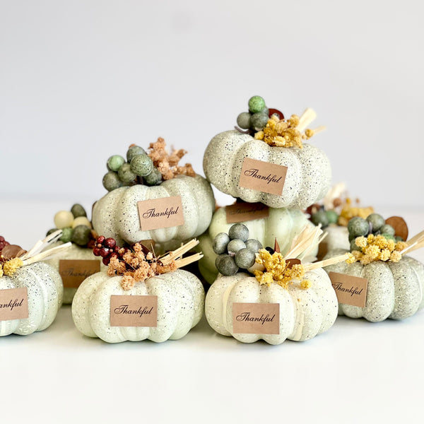 Decorative pumpkins with berries and 'Thankful' labels on a white background